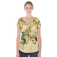 Wonderful Flowers With Butterflies, Colorful Design Short Sleeve Front Detail Top by FantasyWorld7