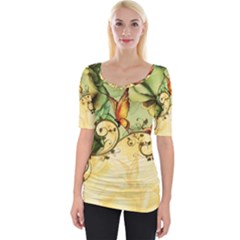 Wonderful Flowers With Butterflies, Colorful Design Wide Neckline Tee