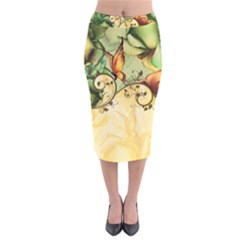 Wonderful Flowers With Butterflies, Colorful Design Velvet Midi Pencil Skirt by FantasyWorld7