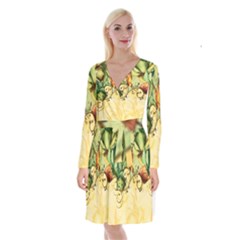 Wonderful Flowers With Butterflies, Colorful Design Long Sleeve Velvet Front Wrap Dress by FantasyWorld7