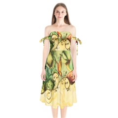 Wonderful Flowers With Butterflies, Colorful Design Shoulder Tie Bardot Midi Dress by FantasyWorld7