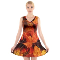 Ablaze With Beautiful Fractal Fall Colors V-neck Sleeveless Skater Dress by jayaprime