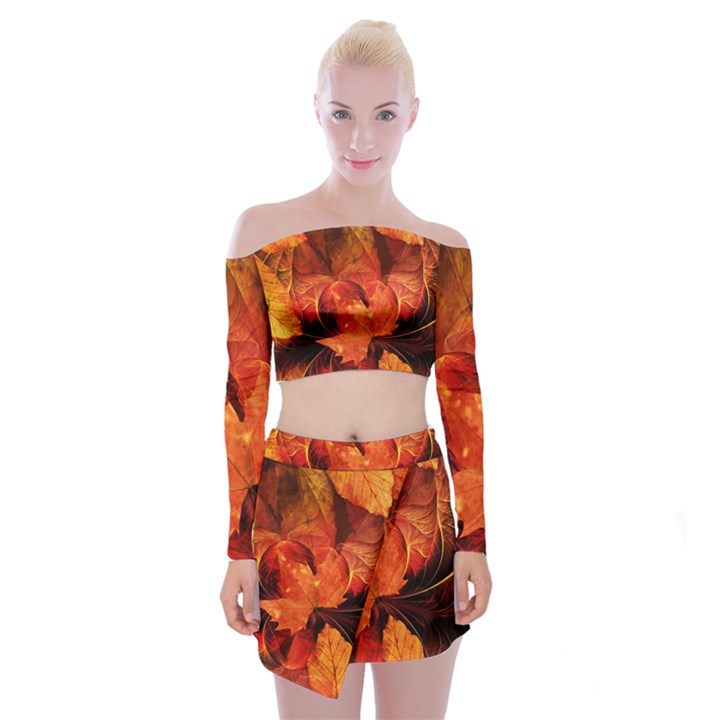 Ablaze With Beautiful Fractal Fall Colors Off Shoulder Top with Mini Skirt Set