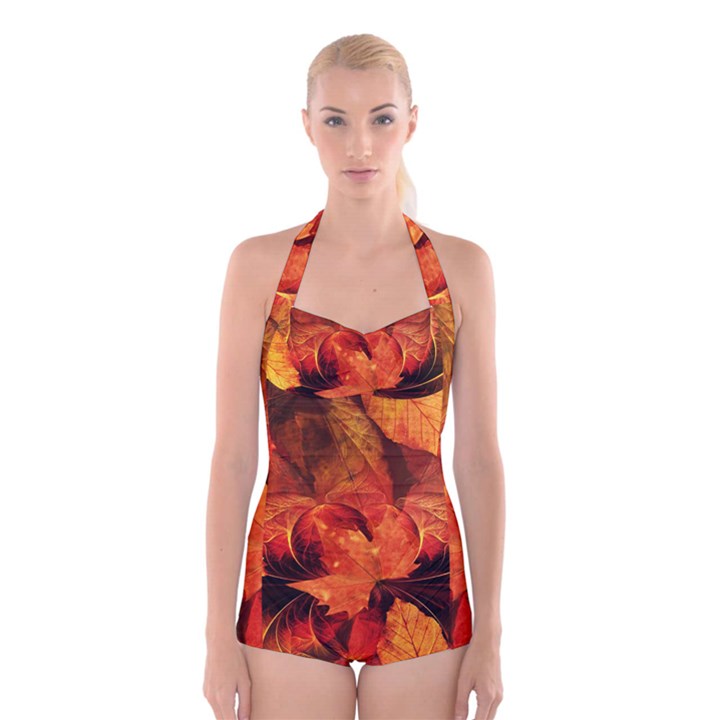 Ablaze With Beautiful Fractal Fall Colors Boyleg Halter Swimsuit 