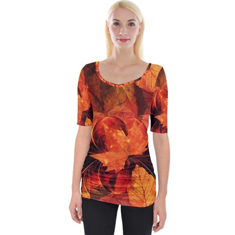 Ablaze With Beautiful Fractal Fall Colors Wide Neckline Tee by jayaprime