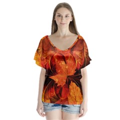 Ablaze With Beautiful Fractal Fall Colors V-neck Flutter Sleeve Top by jayaprime