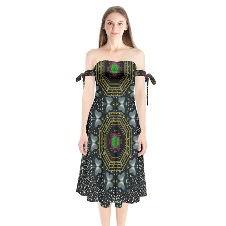 Leaf Earth And Heart Butterflies In The Universe Shoulder Tie Bardot Midi Dress