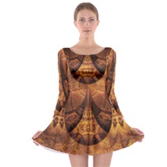 Beautiful Gold And Brown Honeycomb Fractal Beehive Long Sleeve Skater Dress by jayaprime