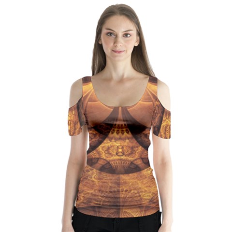 Beautiful Gold And Brown Honeycomb Fractal Beehive Butterfly Sleeve Cutout Tee  by jayaprime