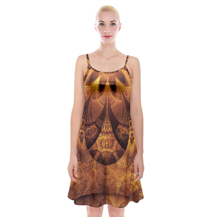 Beautiful Gold And Brown Honeycomb Fractal Beehive Spaghetti Strap Velvet Dress