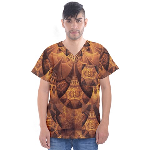 Beautiful Gold And Brown Honeycomb Fractal Beehive Men s V-neck Scrub Top by jayaprime