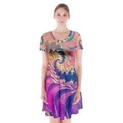 Rainbow Octopus Tentacles In A Fractal Spiral Short Sleeve V-neck Flare Dress by jayaprime