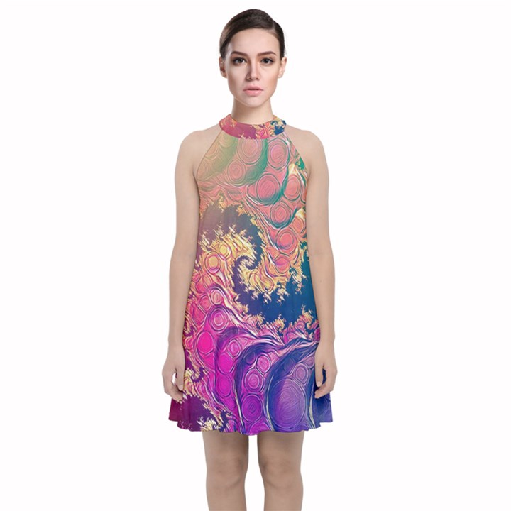 Rainbow Octopus Tentacles in a Fractal Spiral Velvet Halter Neckline Dress 