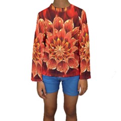 Beautiful Ruby Red Dahlia Fractal Lotus Flower Kids  Long Sleeve Swimwear by jayaprime