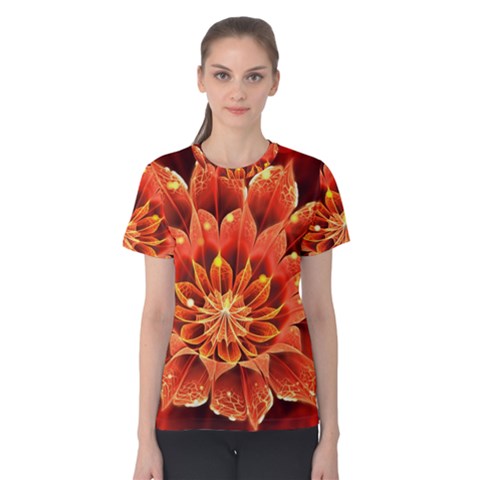 Beautiful Ruby Red Dahlia Fractal Lotus Flower Women s Cotton Tee by jayaprime