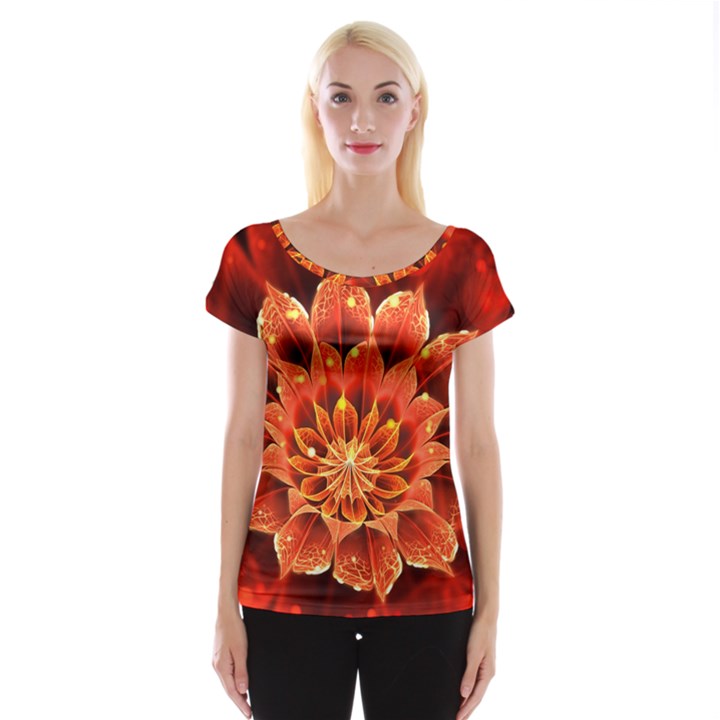 Beautiful Ruby Red Dahlia Fractal Lotus Flower Cap Sleeve Tops