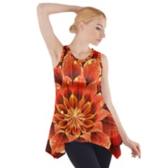 Beautiful Ruby Red Dahlia Fractal Lotus Flower Side Drop Tank Tunic by jayaprime