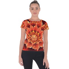 Beautiful Ruby Red Dahlia Fractal Lotus Flower Short Sleeve Sports Top  by jayaprime