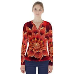 Beautiful Ruby Red Dahlia Fractal Lotus Flower V-neck Long Sleeve Top by jayaprime