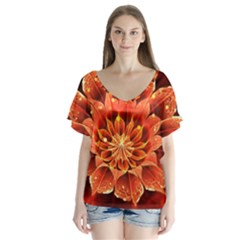 Beautiful Ruby Red Dahlia Fractal Lotus Flower V-neck Flutter Sleeve Top by jayaprime