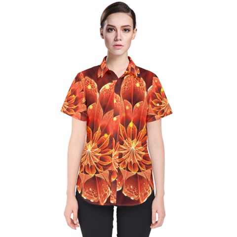 Beautiful Ruby Red Dahlia Fractal Lotus Flower Women s Short Sleeve Shirt by jayaprime