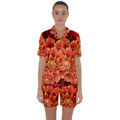 Beautiful Ruby Red Dahlia Fractal Lotus Flower Satin Short Sleeve Pyjamas Set