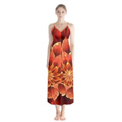 Beautiful Ruby Red Dahlia Fractal Lotus Flower Button Up Chiffon Maxi Dress by jayaprime