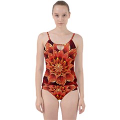 Beautiful Ruby Red Dahlia Fractal Lotus Flower Cut Out Top Tankini Set by jayaprime