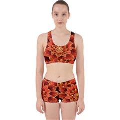 Beautiful Ruby Red Dahlia Fractal Lotus Flower Work It Out Sports Bra Set by jayaprime