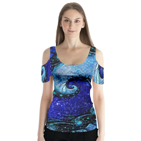 Nocturne Of Scorpio, A Fractal Spiral Painting Butterfly Sleeve Cutout Tee  by jayaprime