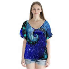 Nocturne Of Scorpio, A Fractal Spiral Painting V-neck Flutter Sleeve Top by jayaprime