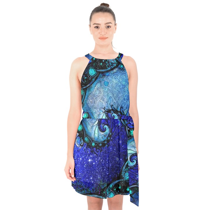 Nocturne of Scorpio, a Fractal Spiral Painting Halter Collar Waist Tie Chiffon Dress