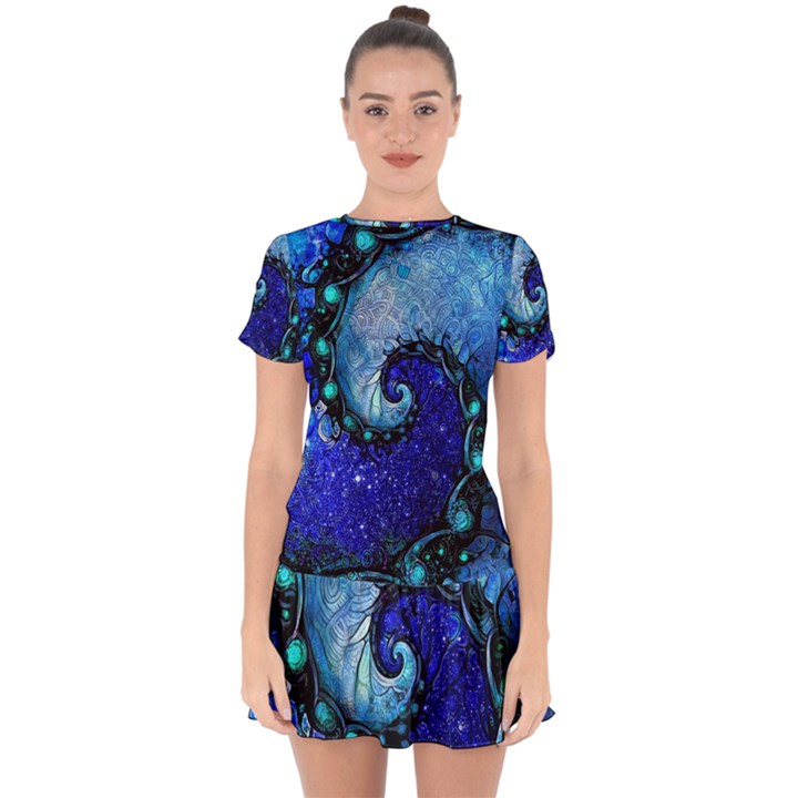 Nocturne of Scorpio, a Fractal Spiral Painting Drop Hem Mini Chiffon Dress