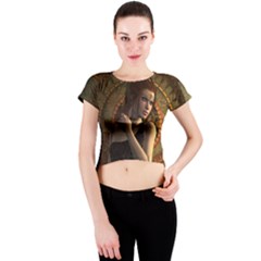 Wonderful Steampunk Women With Clocks And Gears Crew Neck Crop Top by FantasyWorld7