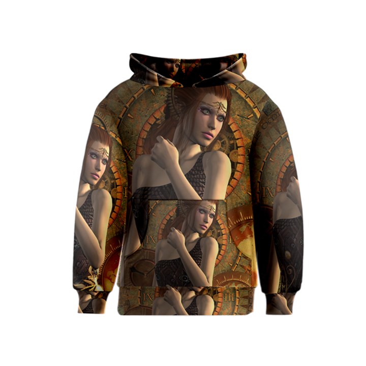 Wonderful Steampunk Women With Clocks And Gears Kids  Pullover Hoodie