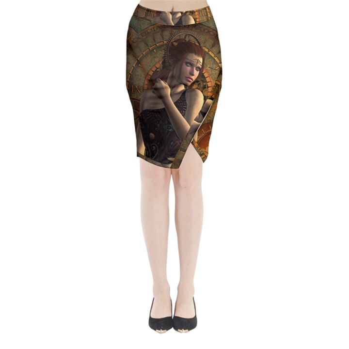 Wonderful Steampunk Women With Clocks And Gears Midi Wrap Pencil Skirt