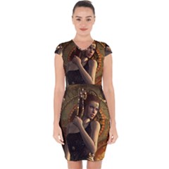 Wonderful Steampunk Women With Clocks And Gears Capsleeve Drawstring Dress 