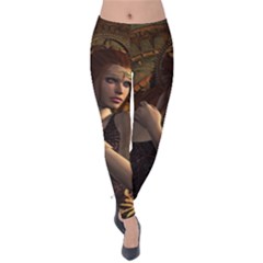 Wonderful Steampunk Women With Clocks And Gears Velvet Leggings by FantasyWorld7