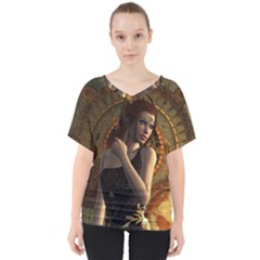 Wonderful Steampunk Women With Clocks And Gears V-neck Dolman Drape Top