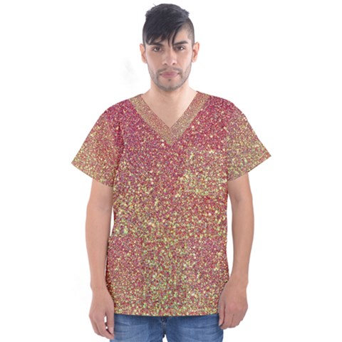 Rose Gold Sparkly Glitter Texture Pattern Men s V-neck Scrub Top by paulaoliveiradesign