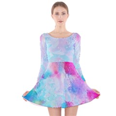 Pink And Purple Galaxy Watercolor Background  Long Sleeve Velvet Skater Dress