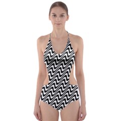 Black And White Waves Illusion Pattern Cut-out One Piece Swimsuit by paulaoliveiradesign