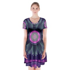 Beautiful Hot Pink And Gray Fractal Anemone Kisses Short Sleeve V-neck Flare Dress by jayaprime