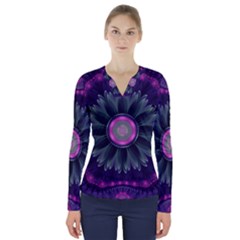 Beautiful Hot Pink And Gray Fractal Anemone Kisses V-neck Long Sleeve Top by jayaprime