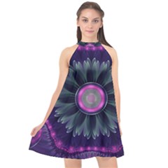 Beautiful Hot Pink And Gray Fractal Anemone Kisses Halter Neckline Chiffon Dress  by jayaprime