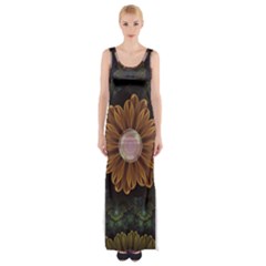 Abloom In Autumn Leaves With Faded Fractal Flowers Maxi Thigh Split Dress by jayaprime