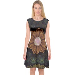 Abloom In Autumn Leaves With Faded Fractal Flowers Capsleeve Midi Dress by jayaprime