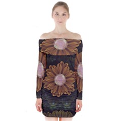 Abloom In Autumn Leaves With Faded Fractal Flowers Long Sleeve Off Shoulder Dress by jayaprime