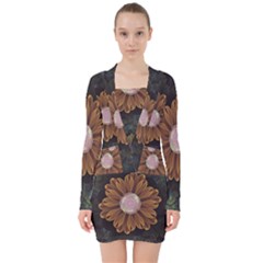 Abloom In Autumn Leaves With Faded Fractal Flowers V-neck Bodycon Long Sleeve Dress by jayaprime