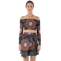 Abloom In Autumn Leaves With Faded Fractal Flowers Off Shoulder Top With Skirt Set